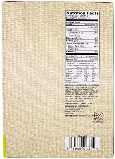 熱敏產品，補品，營養棒 - Dr. Mercola, Organic Cocoa Cassava with Coconut & Chia Seeds, 12 Bars, 1.55 oz (44 g) Each