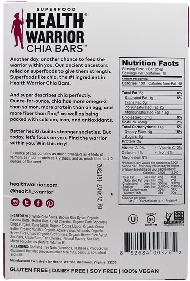 補充劑，營養棒，efa omega 3 6 9（epa dha），正大種子 - Health Warrior, Chia Bars, Dark Chocolate Cherry, 15 Bars, 13.2 oz (375 g)