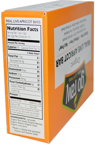 補充劑，營養棒，亞麻籽 - Go Raw, Organic Real Live Apricot Bar, 10 Bars, 12 g Each