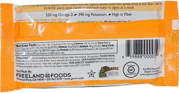 補充劑，營養棒，亞麻籽 - Go Raw, Organic Real Live Apricot Bar, 1.8 oz (51 g)