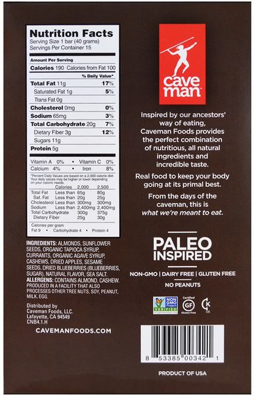 補充劑，營養棒，食物 - Caveman Foods, Nutrition Bars, Wild Blueberry Nut, 15 Bars, 1.4 oz (40 g) Each