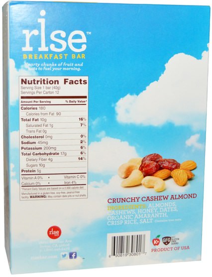 補充劑，營養棒，食品 - Rise Bar, Breakfast Bars, Crunchy Cashew Almond, 12 Bars, 1.4 oz (40 g) Each