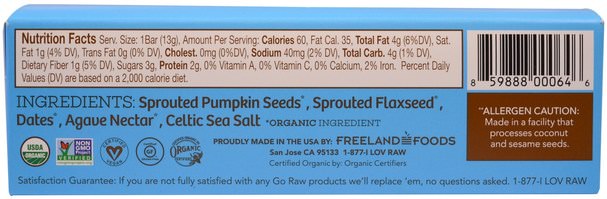 補充劑，營養棒，堅果籽粒，南瓜子 - Go Raw, Organic Pumpkin Seed Sprouted Bar, 10 Bars, 13 g Each
