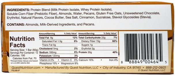 補充劑，營養棒，蛋白棒 - Quest Nutrition, QuestBar, Protein Bar, Oatmeal Chocolate Chip, 12 Bars, 2.1 oz (60 g) Each