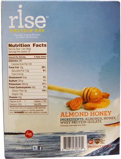 補充劑，營養棒，蛋白棒 - Rise Bar, Protein + Bar, Almond Honey, 12 Bars, 2.1 oz (60 g) Each