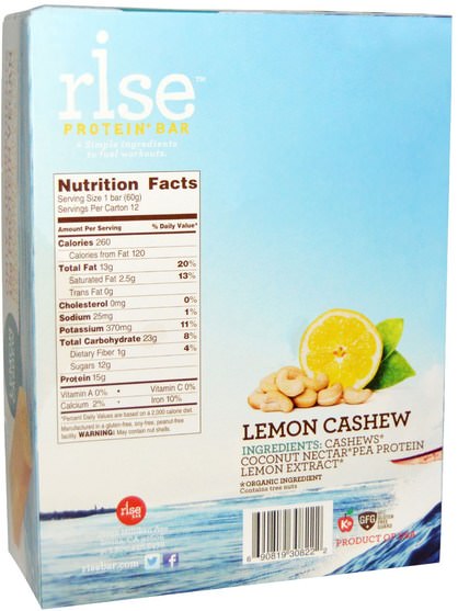 補充劑，營養棒，蛋白棒 - Rise Bar, Protein + Bar, Lemon Cashew, 12 Bars, 2.1 oz (60 g) Each