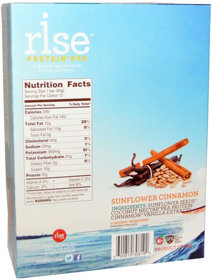 補充劑，營養棒，蛋白棒 - Rise Bar, Protein+ Bars, Sunflower Cinnamon, 12 Bars, 2.1 oz (60 g) Each