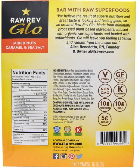 補充劑，營養棒 - Raw Revolution, Glo, Mixed Nuts Caramel & Sea Salt, 12 Bars, 1.6 oz (46 g) Each