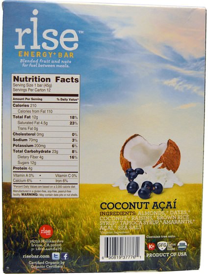 補充劑，營養棒 - Rise Bar, Organic Energy + Bars, Coconut Acai, 12 Bars, 1.6 oz (45 g) Each