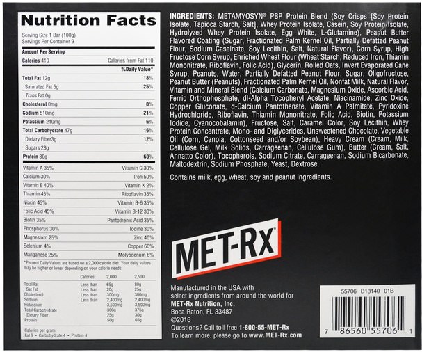 補品，營養棒，小吃 - MET-Rx, Big 100, Meal Replacement Bar, Peanut Butter Pretzel, 9 Bars, 3.52 oz (100 g) Each