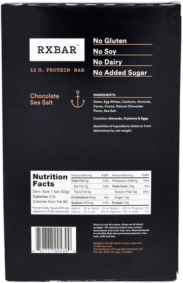 補品，營養棒，小吃 - RXBAR, Protein Bars, Chocolate Sea Salt, 12 Bars, 1.83 oz (52 g) Each