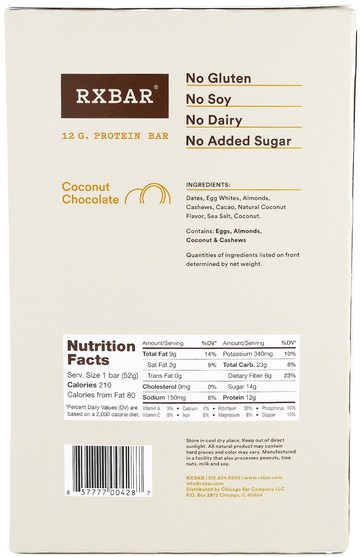 補品，營養棒，小吃 - RXBAR, Protein Bars, Coconut Chocolate, 12 Bars, 1.83 oz (52 g) Each