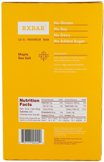補品，營養棒，小吃 - RXBAR, Protein Bars, Maple Sea Salt, 12 Bars, 1.83 oz (52 g) Each