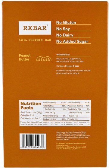 補品，營養棒，小吃 - RXBAR, Protein Bars, Peanut Butter, 12 Bars, 1.83 oz (52 g) Each