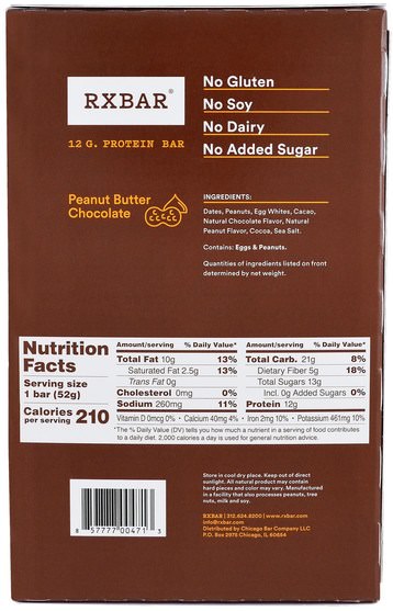 補品，營養棒，小吃 - RXBAR, Protein Bars, Peanut Butter Chocolate, 12 Bars, 1.83 oz (52 g) Each