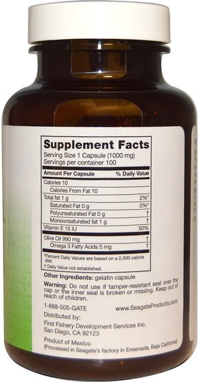 補充劑，橄欖油補充劑，酮類友好 - Seagate, Extra Virgin Olive Oil, 1000 mg, 100 Softgel Capsules