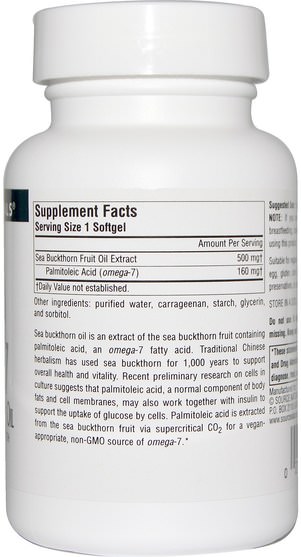 補充劑，omega-7，adaptogen - Source Naturals, Omega-7, Seabuckthorn Fruit Oil, 60 Vegi Softgels