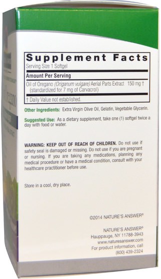 補充劑，牛至油 - Natures Answer, Oil of Oregano, Origanum Vulgare, 150 mg, 90 Softgels