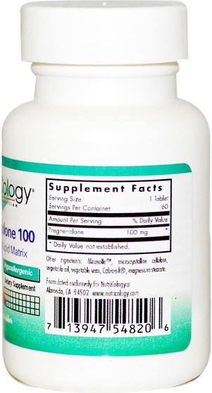補充劑，孕烯醇酮100毫克 - Nutricology, Pregnenolone 100, 60 Scored Tablets