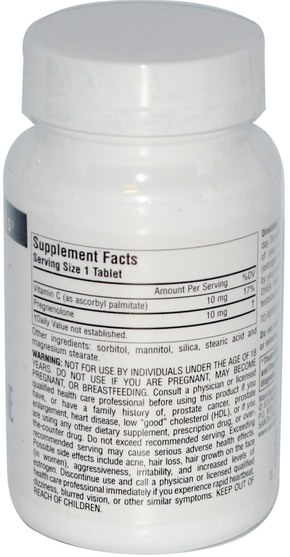 補充劑，孕烯醇酮 - Source Naturals, Pregnenolone, 10 mg, 120 Tablets