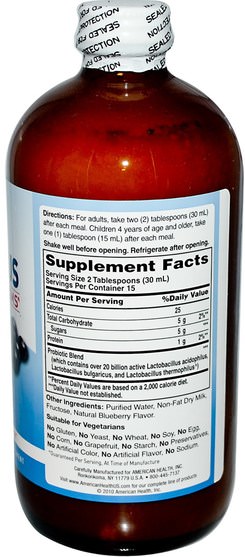 補充劑，益生菌，嗜酸乳桿菌，液體益生菌 - American Health, Probiotic Acidophilus, Natural Blueberry Flavor, 16 fl oz (472 ml)