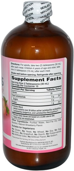 補充劑，益生菌，嗜酸乳桿菌，液體益生菌 - American Health, Probiotic Acidophilus, Natural Strawberry flavor, 16 fl oz (472 ml)
