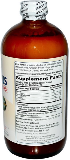 補充劑，益生菌，嗜酸乳桿菌，液體益生菌 - American Health, Probiotic Acidophilus, Plain Flavor, 16 fl oz (472 ml)