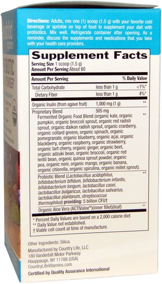 補充劑，益生菌 - Country Life, Realfood Organics, Probiotic Daily Powder, 3.1 oz (90 g)