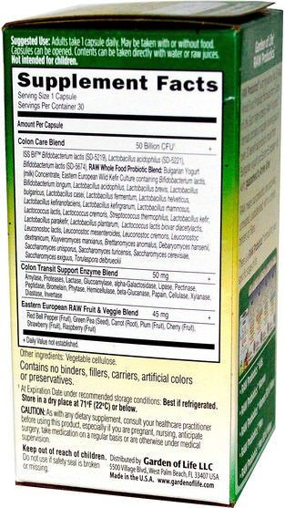 補充劑，益生菌，排毒，結腸清洗 - Garden of Life, RAW Probiotics, Colon Care, 30 Veggie Caps (Ice)