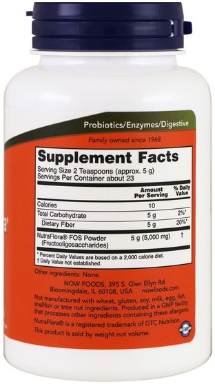 補充劑，益生菌，腹瀉 - Now Foods, NutraFlora FOS, Pure Powder, 4 oz (113 g)