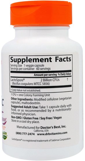 補充劑，益生菌，消化，胃 - Doctors Best, Digestive Health Probiotic 2 Billion with LactoSpore, 60 Veggie Caps