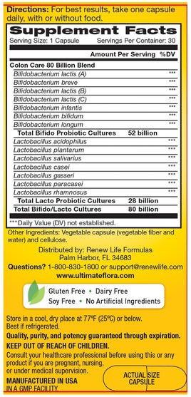 補充劑，益生菌，消化，胃 - Renew Life, Colon Care, Ultimate Flora Probiotic, 80 Billion Live Cultures, 30 Vegetable Capsules