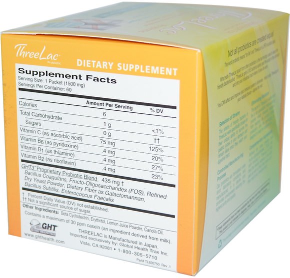 補充劑，益生菌 - Global Health Trax, ThreeLac Probiotic, Lemon Flavor, 60 Packets.053 oz (1.5 g) Each
