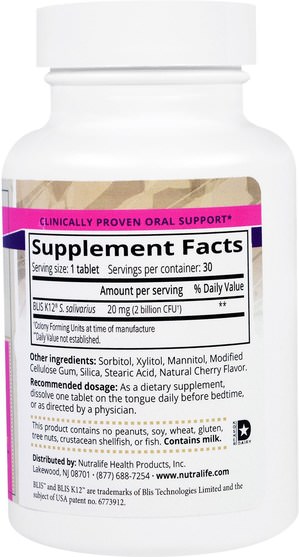 補充劑，益生菌 - NutraLife, ProvENT with Blis K12, 20 mg, 30 Easy Chew Tablets