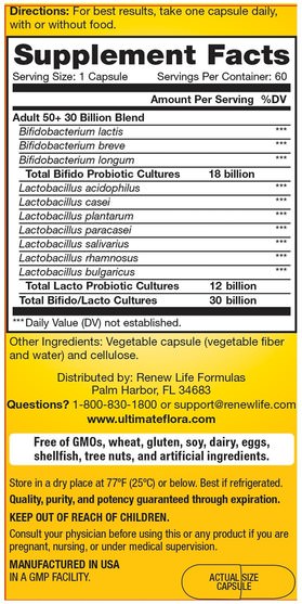 補充劑，益生菌 - Renew Life, Adult 50+, Ultimate Flora Probiotic, 30 Billion Live Cultures, 60 Vegetable Capsules