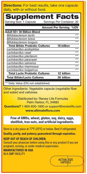 補充劑，益生菌 - Renew Life, Adult 50+ Ultimate Flora Probiotic, 30 Billion Live Cultures, 30 Vegetable Capsules