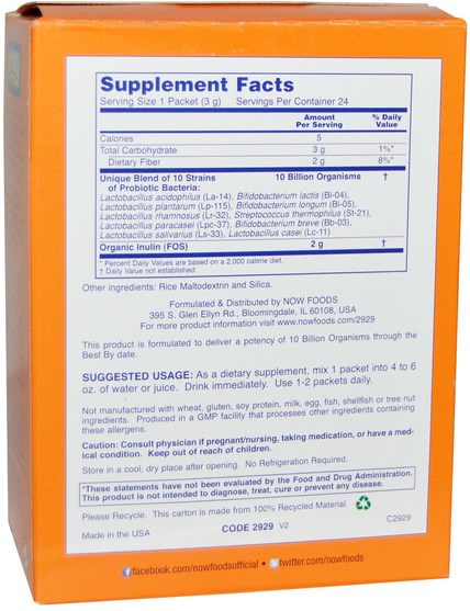 補充劑，益生菌，穩定的益生菌 - Now Foods, Probiotic-10, Unflavored, 24 Packets, 2.54 oz (72 g)