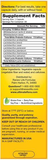 補充劑，益生菌，穩定的益生菌 - Renew Life, Everyday, Ultimate Flora Probiotic, 15 Billion Live Cultures, 30 Vegetable Capsules