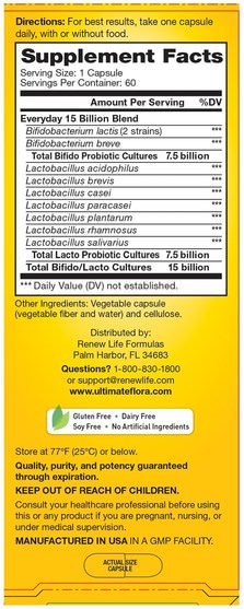 補充劑，益生菌，穩定的益生菌 - Renew Life, Everyday, Ultimate Flora Probiotic, 15 Billion Live Cultures, 60 Vegetable Capsules