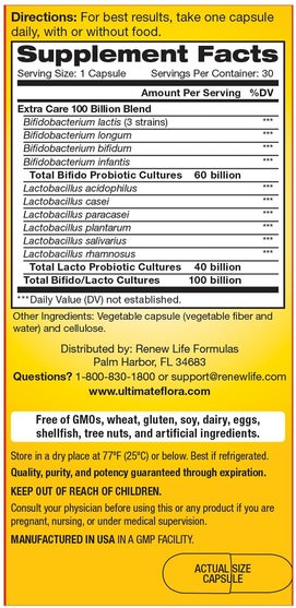 補充劑，益生菌，穩定的益生菌 - Renew Life, Extra Care, Ultimate Flora Probiotic, 100 Billion Live Cultures, 30 Vegetable Capsules