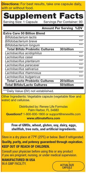 補充劑，益生菌，穩定的益生菌 - Renew Life, Extra Care, Ultimate Flora Probiotic, 50 Billion, 90 Vegetable Capsules
