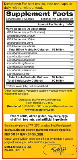 補充劑，益生菌，穩定的益生菌 - Renew Life, Mens Complete, Ultimate Flora Probiotic, 90 Billion Live Cultures, 30 Vegetable Capsules
