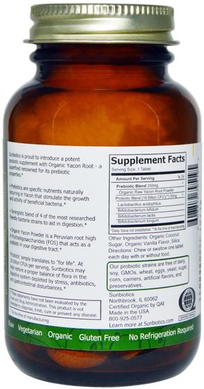 補充劑，益生菌，穩定的益生菌 - Sunbiotics, Organic Potent Probiotics with Organic Yacon Root Prebiotics, 30 Veggie Tabs