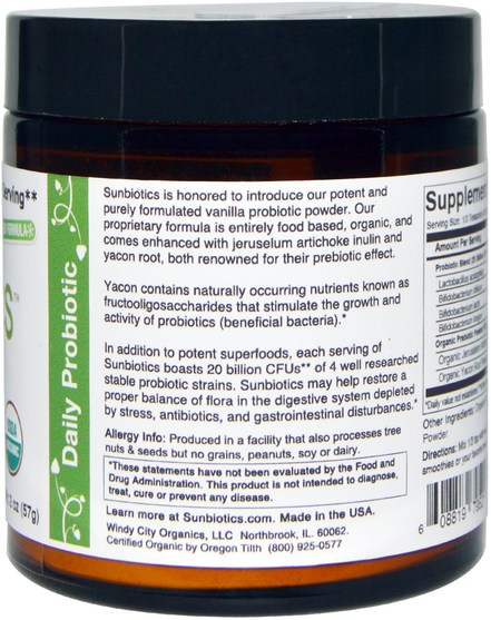 補充劑，益生菌，穩定的益生菌 - Sunbiotics, Potent Probiotics with Organic Prebiotics Powder, Vanilla, 2 oz (57 g)