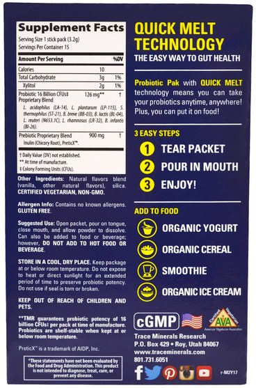 補充劑，益生菌 - Trace Minerals Research, Probiotic Pak, Quick Melt, Vanilla, 15 Stick Packs, 1.69 oz (48 g)
