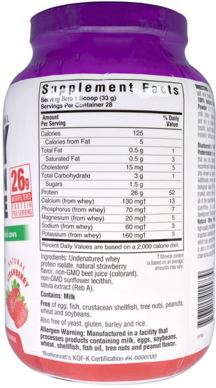 補充劑，蛋白質 - Bluebonnet Nutrition, 100% Natural, Whey Protein Isolate, Natural Strawberry, 2 lbs (924 g)