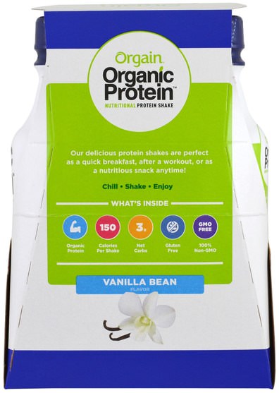 補充劑，蛋白質飲料 - Orgain, Organic Protein Nutritional Protein Shake, Vanilla Bean Flavor, 4 Pack, 14 fl oz (414 ml) Each