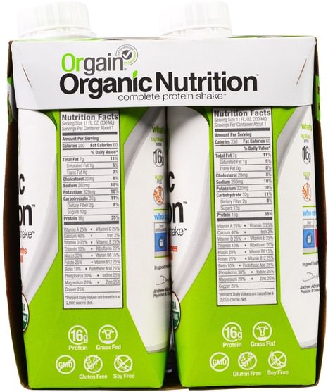 補充劑，蛋白質飲料，蛋白質奶昔 - Orgain, Organic Nutrition Complete Protein Shake, Strawberries & Cream, 4 Pack, 11 fl oz (330 ml) Each