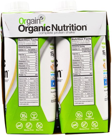 補充劑，蛋白質飲料，蛋白質奶昔 - Orgain, Organic Nutrition Complete Protein Shake, Sweet Vanilla Bean, 4 Pack, 11 fl oz (330 ml) Each