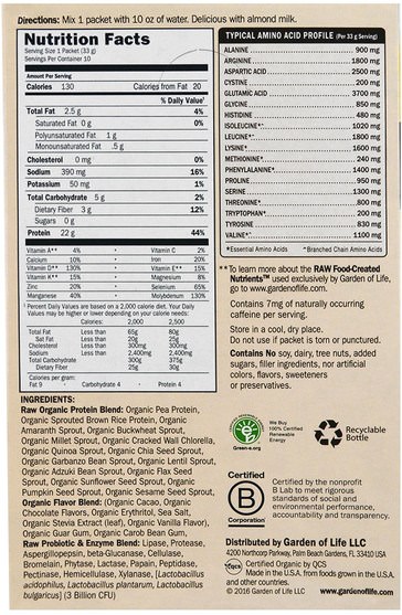 補充劑，蛋白質 - Garden of Life, Raw Organic Protein, Organic Plant Formula, Chocolate, 10 Packets, 1.2 oz (33 g) Each